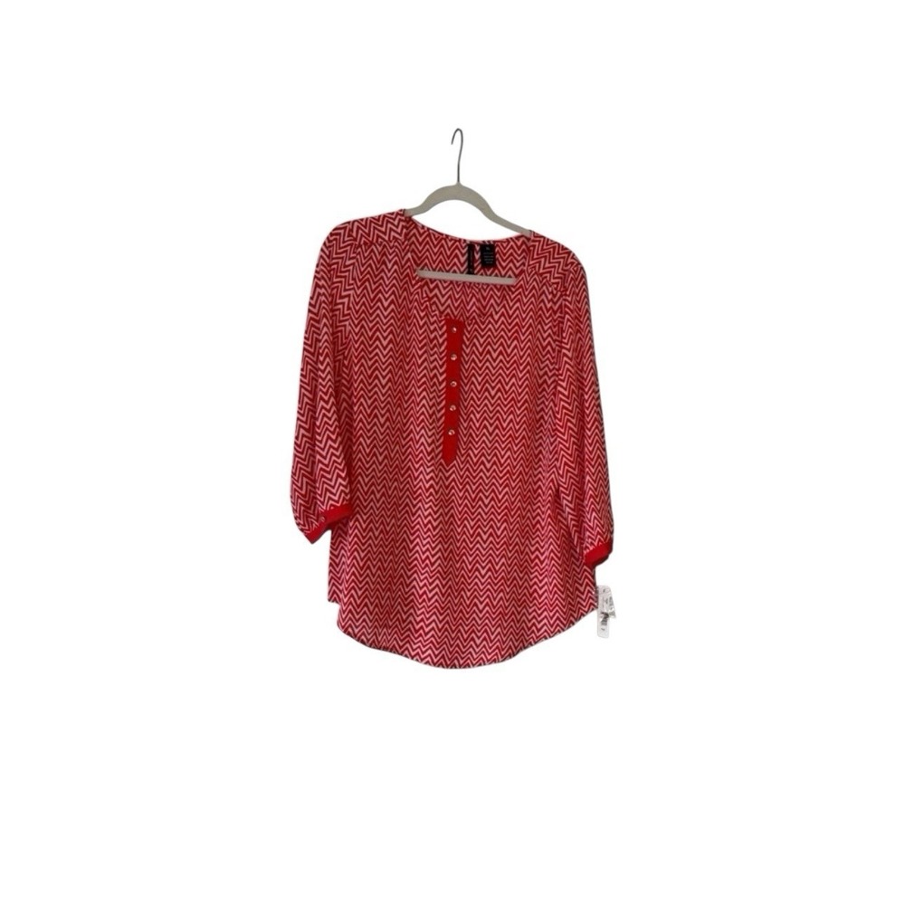 New Directions Womens XL Coral Beige Chevron Henley Blouse 3/4 Sleeve Top NWT